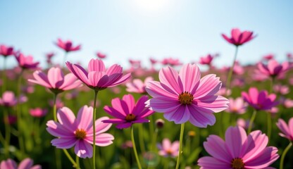 Fototapeta premium A vibrant field of pink cosmos flowers stretches towards a clear, bright blue sky, capturing the essence of a perfect summer day.