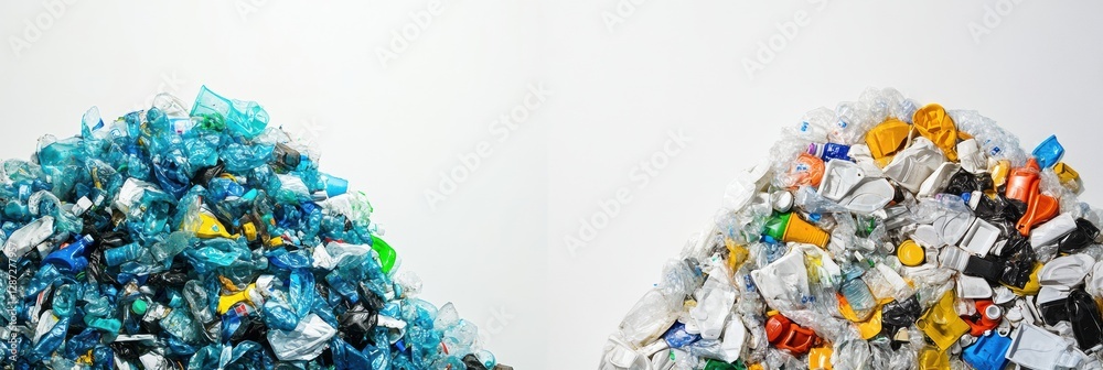 Poster visual comparison of plastic waste accumulation and recycled plastic products showing the impact of 