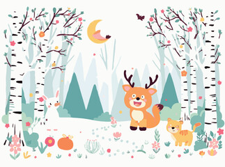 Cheerful Animals in a Magical Forest Vector Graphic