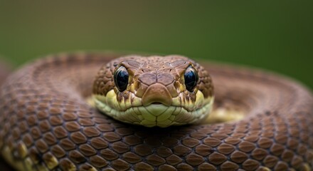Fototapeta premium Snake Coiled Close-up with Striking Eyes on Green Blurred Background