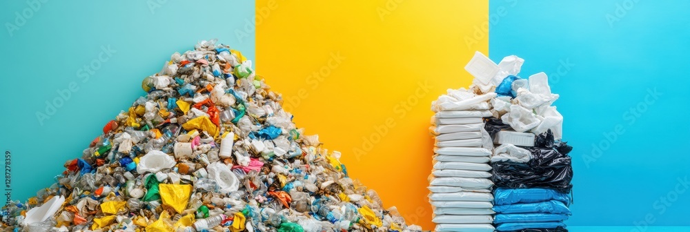 Poster Plastic waste management emphasizing the contrast between discarded items and recycled products sorted for reuse. Generative AI