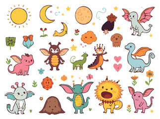 Fototapeta premium Whimsical Creatures and Fantasy Elements Vector Set