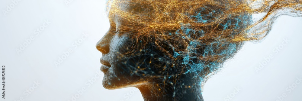 Poster Profile of a human head with intricate neural networks and glowing synapses, representing AI and cybernetics. GenerativeAI