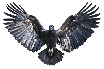 Obraz premium Majestic bird soaring with outstretched wings against a transparent background, showcasing its dark plumage and detailed feather structure
