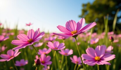 Fototapeta premium A vibrant field of pink cosmos flowers stretches towards a clear, bright blue sky, capturing the essence of a perfect summer day.