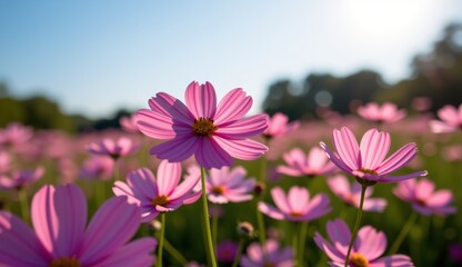 Fototapeta premium A vibrant field of pink cosmos flowers stretches towards a clear, bright blue sky, capturing the essence of a perfect summer day.