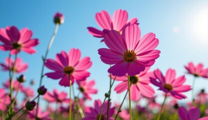 Fototapeta premium A vibrant field of pink cosmos flowers stretches towards a clear, bright blue sky, capturing the essence of a perfect summer day.