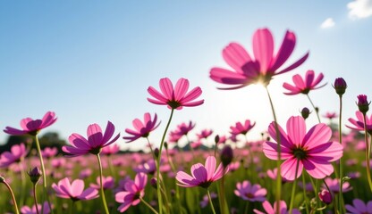 Obraz premium A vibrant field of pink cosmos flowers stretches towards a clear, bright blue sky, capturing the essence of a perfect summer day.