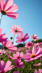 Fototapeta premium A vibrant field of pink cosmos flowers stretches towards a clear, bright blue sky, capturing the essence of a perfect summer day.