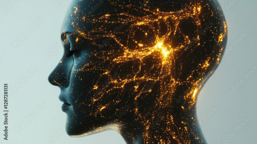Poster Complex neural connections in a human profile showcasing artificial intelligence and cybernetic integration of technology and biology. Generative AI