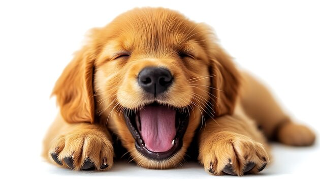 Adorable golden retriever puppy lying, yawning