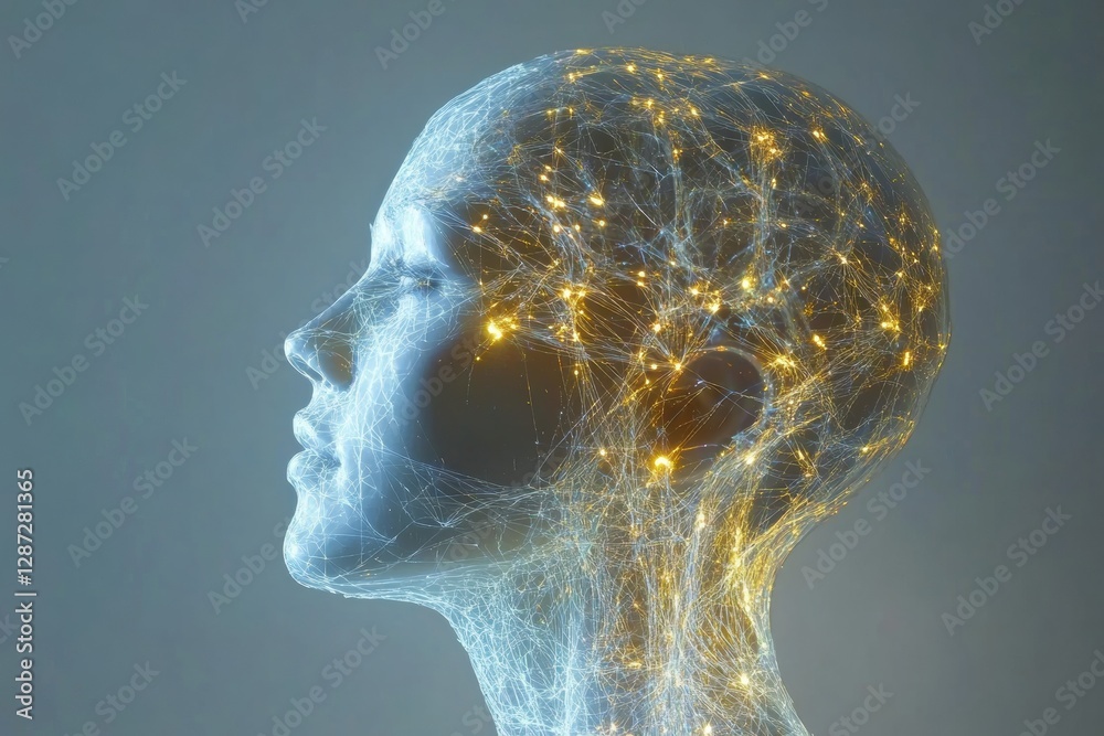 Fototapete Human head profile with intricate neural connections and glowing synapses representing artificial intelligence and cyborg technology. Generative AI