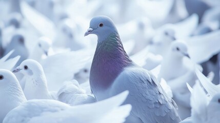 Fototapeta premium Blue Pigeon Amongst a Flock of White Doves