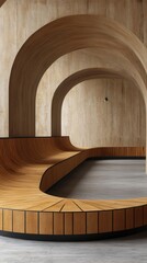 Interior of Modern Architectural Space with Curved Wooden Arches, Flowing Bench, and Polished Concrete Floor in Minimalist Design