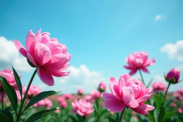 Fototapeta premium Gentle pink peonies unfold against a vast blue sky, garden, blooms, pink peonies