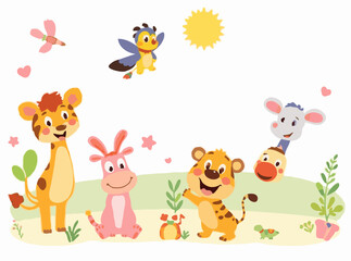Naklejka premium Playful Cartoon Animals in Vibrant Colors for Kids