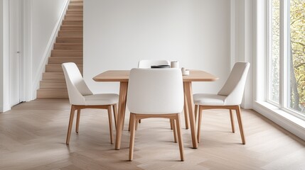 Modern dining room with wooden table and chairs. Interior design, minimalist style.  Possible use Interior design, furniture catalog
