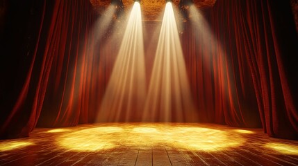 Dramatic Stage Setting With Red Curtains And Golden Lighting