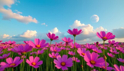 Obraz premium Colorful pink flowers bloom under a bright moon against a backdrop of fluffy clouds in a serene field