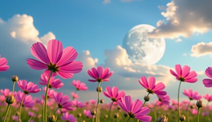 Fototapeta premium Colorful pink flowers bloom under a bright moon against a backdrop of fluffy clouds in a serene field