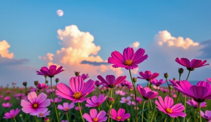 Fototapeta premium Colorful pink flowers bloom under a bright moon against a backdrop of fluffy clouds in a serene field