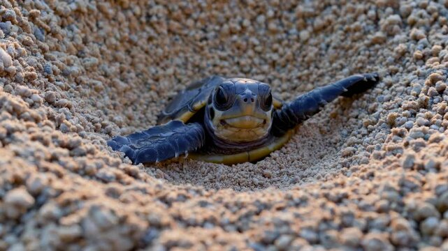 Close-up, top-down view of a baby turtle emerging from sandy nest, highlighting nature's wonder. Ideal for a wildlife video concept.