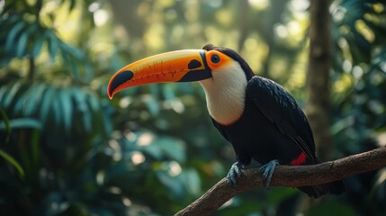 Obraz premium Vibrant toucan perched on a branch in lush greenery.