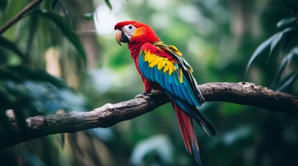 Vibrant Scarlet Macaw perched on a branch.