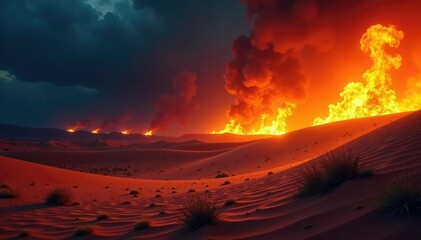Burning desert landscape with flames engulfing a burning dune, wildfire, blazinginferno