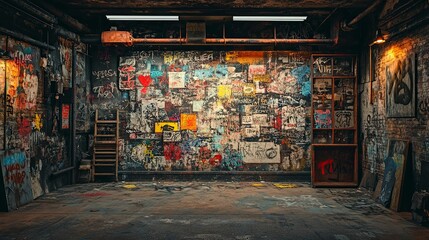 Naklejka premium Graffiti Covered Urban Basement Room Scene