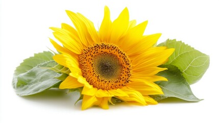 Fototapeta premium Vibrant yellow sunflower with lush green leaves, isolated on white.