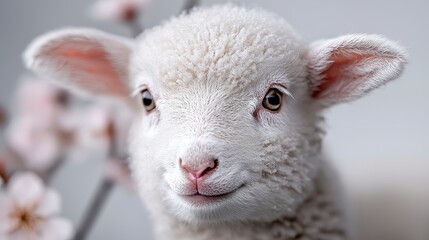 Fototapeta premium Adorable Fluffy White Lamb with Delicate Pink Blossoms