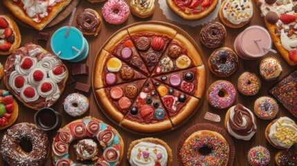 Pizza, donuts, and sweets on a wooden table