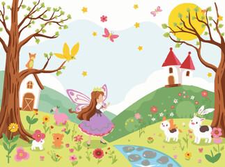 Naklejka premium Whimsical Fairy Tale Scenes Vector Graphics for Children's Books