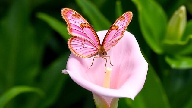 Exquisite Pink Cattleheart Butterfly Resting on a Delicate Pink Calla Lily