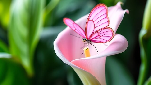 Exquisite Pink Cattleheart Butterfly Resting on a Delicate Pink Calla Lily