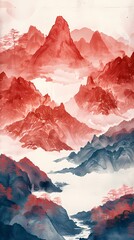 Traditional red sky and green mountain scenery illustration poster background