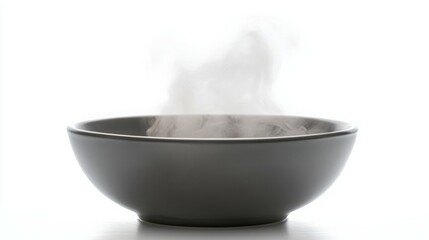 Steaming hot soup in a gray bowl.