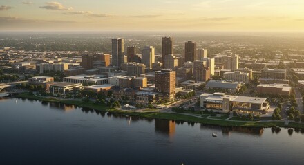 Fototapeta premium City Skyline View at Sunset Along Riverfront with Modern Architecture