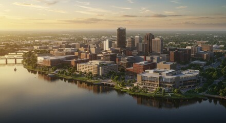 Fototapeta premium Cityscape View at Sunset with River and Modern Architecture Buildings