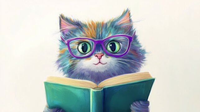 A cute cat wearing glasses reads a book.