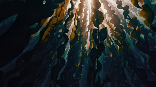 Underwater video scene with a low-angle view of sunlight filtering through swaying kelp, creating a serene and ethereal atmosphere.