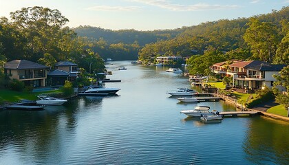 Obraz premium Riverfront homes, boats, sunrise, luxury, coastal