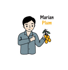 farmer holding Marian Plum and thumbs up, hand drawn style vector illustration