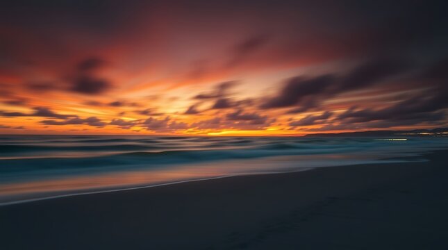 Dramatic sunset over beach, vibrant orange and red sky, long exposure clouds, smooth ocean waves, dark sandy shore, moody atmosphere, cinematic landscape, golden hour, serene coastline, horizon line,  - Powered by Adobe