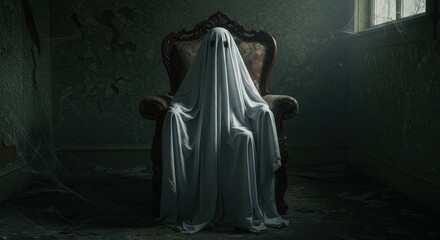 Spooky Ghost Figure Sitting in an Antique Armchair in Abandoned Room