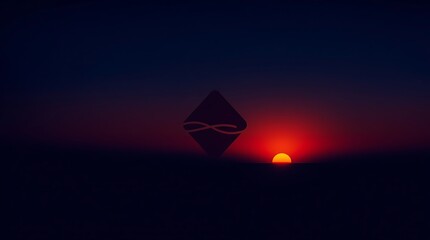 Silhouette of a pyramid at sunset, desert landscape, dark sky, vibrant red sun, horizon glow, mysterious atmosphere, ancient Egypt, mystical scene, dramatic lighting, minimalist composition, digital a