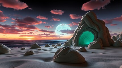 Surreal beach landscape, cosmic portal in rock formation, glowing green energy, moonlit sky, pink clouds, rocky shore, reflective sand, ethereal atmosphere, sci-fi environment, mystical gateway, twili