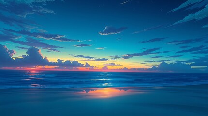 Sunset over calm ocean, vibrant orange and pink sky, deep blue clouds, serene seascape, golden light reflection on water, dramatic horizon, twilight atmosphere, ethereal glow, tranquil waters, panoram