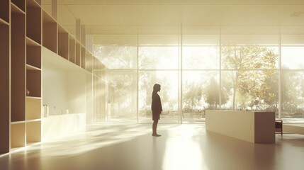 Fototapeta premium Silhouette of a woman standing in a sunlit minimalist room.